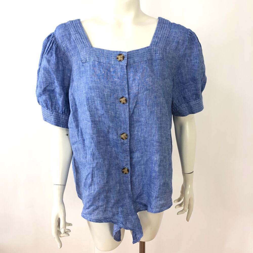 Talbots XLP Petite 100% Linen Maid Button Square Puff Sleeve Shirt Blue MINT